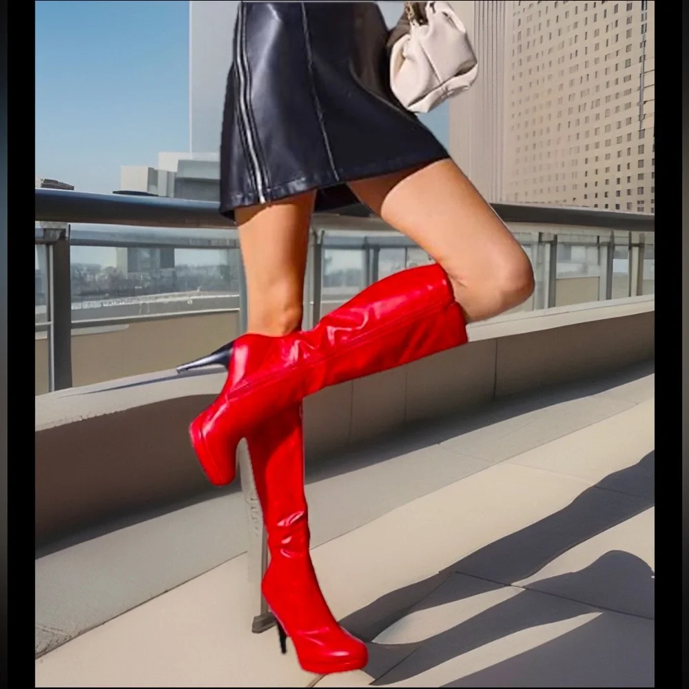 Women's Shiny Silver Round Toe Stiletto High Heels Knee High Boots With Zippers